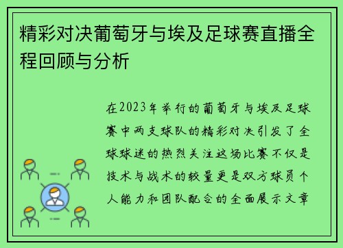 精彩对决葡萄牙与埃及足球赛直播全程回顾与分析